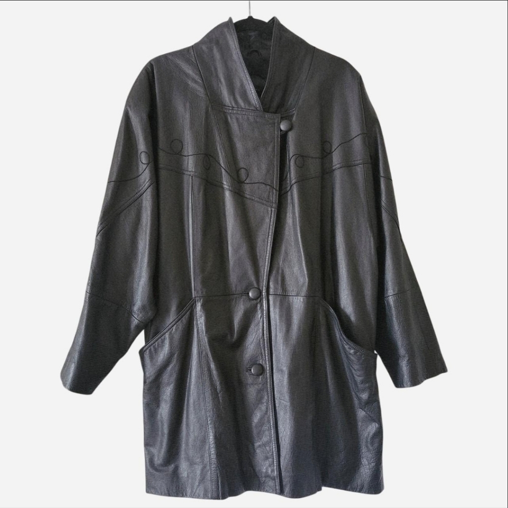 Vintage Pelle Genuine Leather Coat Jacket Black XL Retro 80s Designer Classic